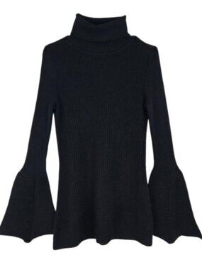 DG2 Diane Gilman Black Ribbed Turtleneck Bell Sleeve Sweater XS